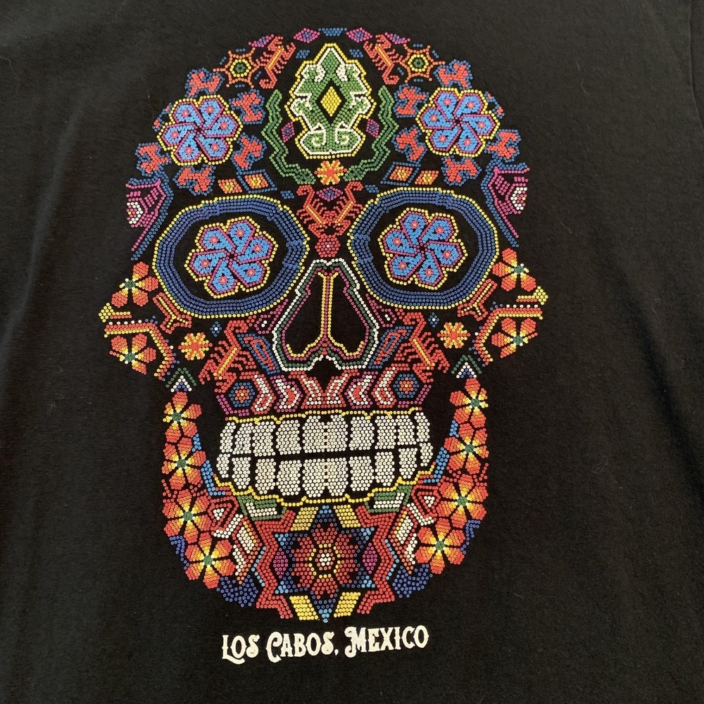 Los Cabos Mexico Yazbek Shirt Mens Large Black Skull Day Of The Dead Tee T-Shirt